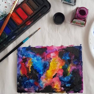 The things you do in lockdown. Learning how to do watercolour nebulae with @anavictoriana via @domestika. Kids loved doing it too. Getting a bit hooked! #watercolour #watercolor #painting #lockdownart #art #nebula #skies #stars #colour #indianink